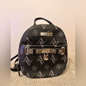 Adrienne Vittadini Black Logo Mini Backpack with Gold Hardware